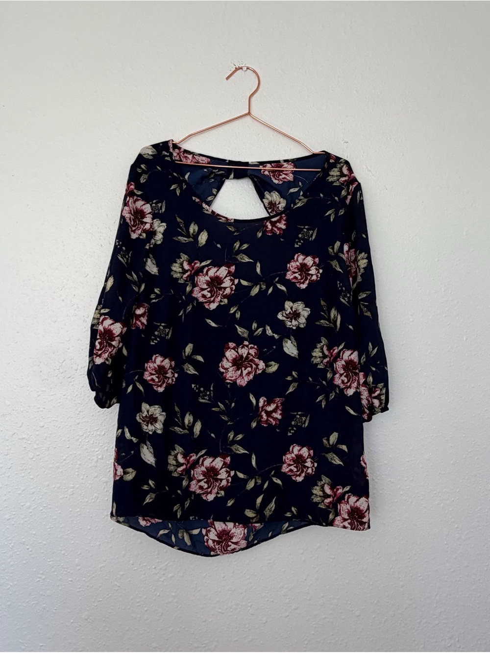 Moa Moa Navy Floral Keyhole Back Long Sleeve Dress